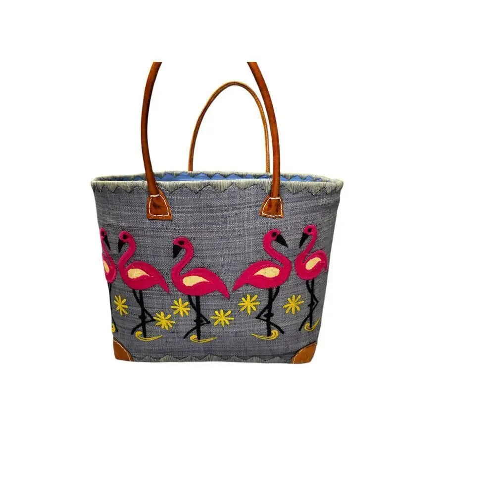 Le Comptoir De La Plage "Madagascar" Woven Raffia Blue/Pink Flamingos ExL Tote - Picture 10 of 16